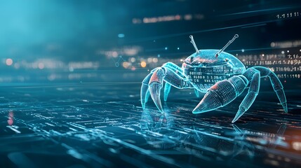 Futuristic 3D Digital Hologram of a Crab in an Ocean Environment with Glowing Data Effects