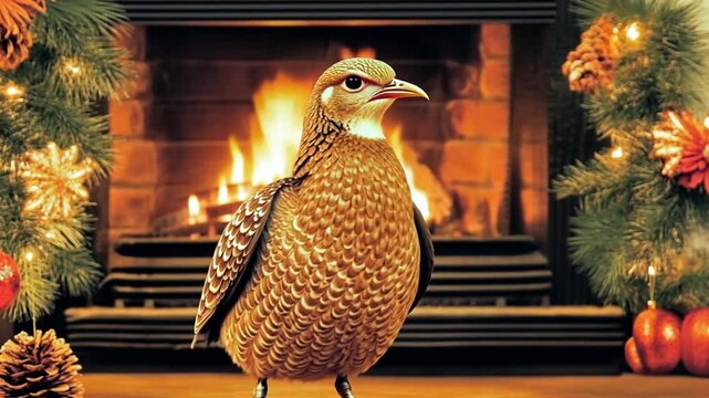 A confident bird struts in front of a cozy fireplace adorned with festive decorations