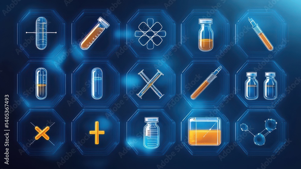 Poster digital icon set of science equipment dark background line art graphics technology environment moder