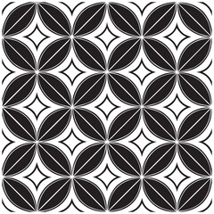 Geometric Floral Tile Pattern. Seamless Black and White Abstract Background, Vector geometric monochrome seamless pattern with curved shapes