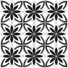 Geometric Floral Tile Pattern. Seamless Black and White Abstract Background, Vector geometric monochrome seamless pattern with curved shapes