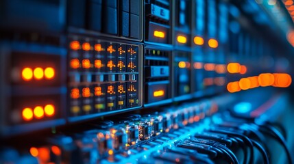 A server room showcasing advanced technology, data center, and the digital world. The scene is filled with intricate servers, advanced data systems, and the essence of technology