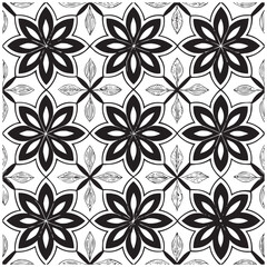 Geometric Floral Tile Pattern. Seamless Black and White Abstract Background, Vector geometric monochrome seamless pattern with curved shapes