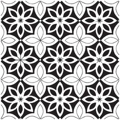 Geometric Floral Tile Pattern. Seamless Black and White Abstract Background, Vector geometric monochrome seamless pattern with curved shapes