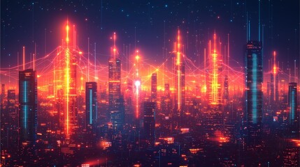 Fototapeta premium Vibrant tech skyline futuristic city digital art urban environment night view innovation concept