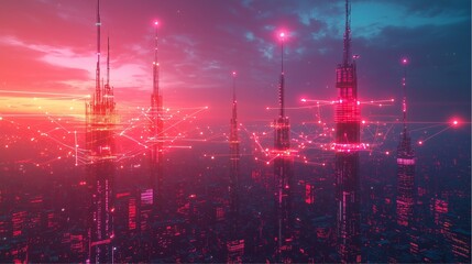 Obraz premium Futuristic cityscape digital world 3d render nighttime aerial view technology concept