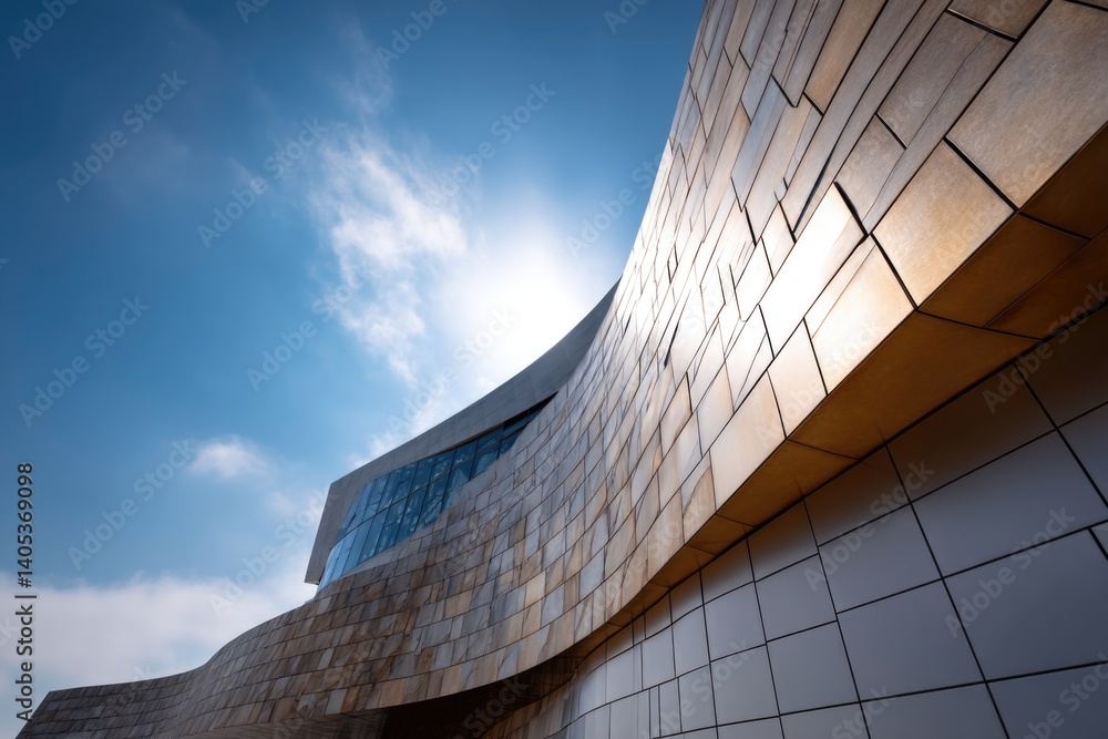 Poster details of architecture featuring a modern building with curved metal tile cladding, set against an 