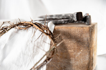 Crown of Thorns and Holy Nails associated with the Passion of Jesus Christ. Symbol of the...