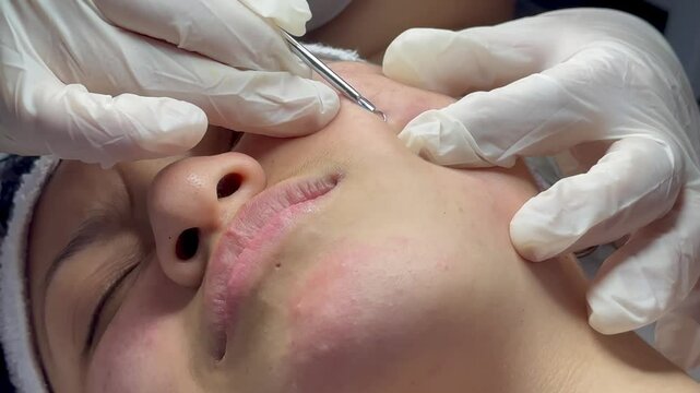 Dermatologist hands cleaning pimples and blackheads with pimple removal tool of Colombian Latina girl in clinic with lamp and magnifying glass, facial treatment, skin care concept.