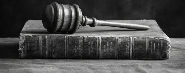 a wooden gavel resting on top of an old, weathered book, set against a dark backdrop. The image symbolizes justice, law, and the authority of the court