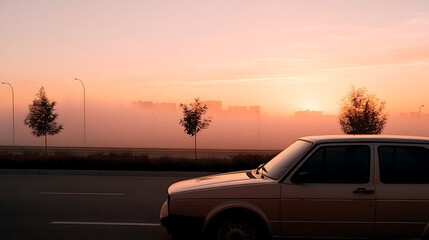Foggy Sunrise Cityscape with Vintage Car of excellence in splendor beyond compare with grace.