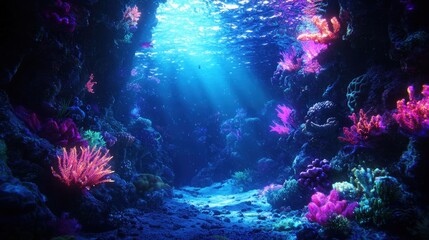 Naklejka premium Underwater Coral Reef Paradise: Vibrant Marine Life and Sunlit Depths