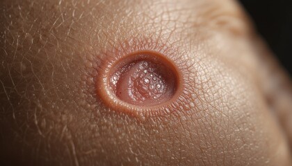 Fototapeta premium Macro Shot of Atrophic Scar Revealing Unique Skin Texture, Close-Up, Medical Environment