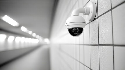 A security camera mounted on a tiled wall in a tunnel, highlighting surveillance technology in a modern urban environment.