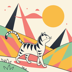 stylized cat illustration in a colorful geometric