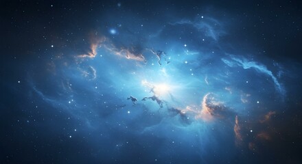 Fototapeta premium Vibrant celestial nebula with brilliant blue and gold hues, speckled with distant stars.