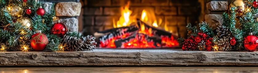 Cozy Christmas Fireplace with Ornaments and Greenery, Warm Glow of Fire, Holiday Decor, Pine Cones and Lights