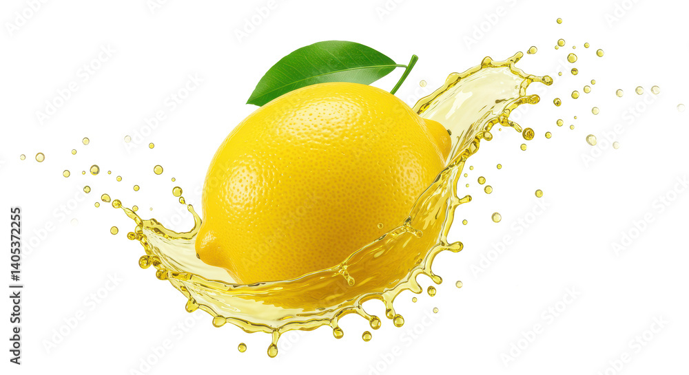 Poster a vibrant lemon with a green leaf surrounded by a splash of juice on a black background design eleme