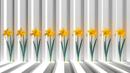 Obraz premium A row of blooming yellow daffodils elegantly arranged against white vertical stripes background.