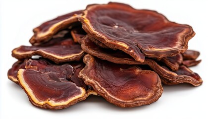 Benefits Of Adding A Heap Of Sliced Lingzhi Mushroom Onto A White Background: Exploring Chinese Traditional Medicine And Nutritional Value