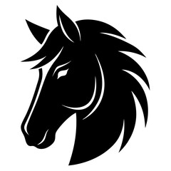 Black shape of Horse head, simple and clean icon, no text
