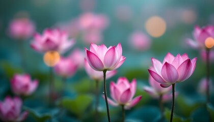 Obraz premium Stunning view of vibrant pink lotus flowers blooming in a tranquil pond setting.