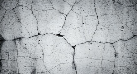 Fototapeta premium An intricate pattern of cracks covers a weathered concrete surface, creating a textured backdrop.