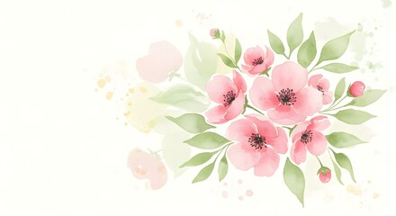 Fototapeta premium A beautiful watercolor painting showcases an elegant cluster of pink floral blossoms and green leaves.