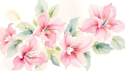 Watercolor painting of vibrant pink blossoms and leaves against a soft, light background.