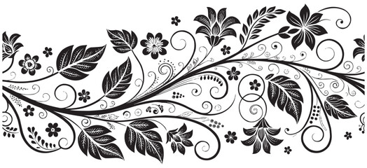 Floral Swirl Border Vector. Ornamental Black and White Botanical Design for Decoration & Print