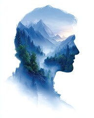 Man Profile Blended with Mountain and Sky Landscape in Surreal Light – Man Profile Blended with Mountain and Sky Landscape for Nature Art – Man Profile Blended with Mountain and Sky Landscape