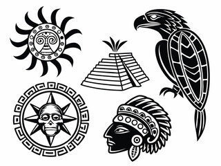 Ancient Mesoamerican Tribal Symbols: Sun, Gods, and Mythic Creatures Vector Set
