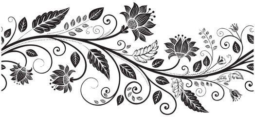 Floral Swirl Border Vector. Ornamental Black and White Botanical Design for Decoration & Print