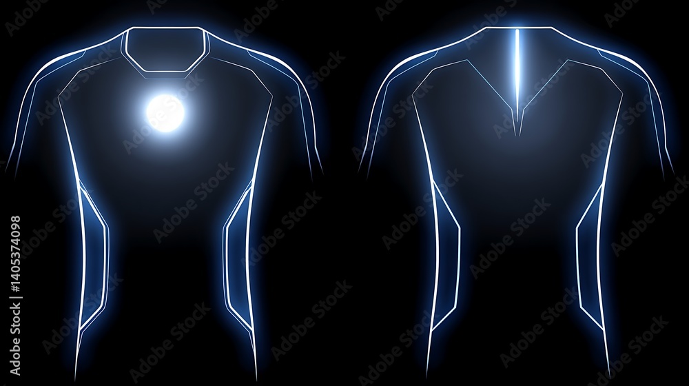 Poster illuminated suit design front and back views of excellence in splendor beyond compare with grace
