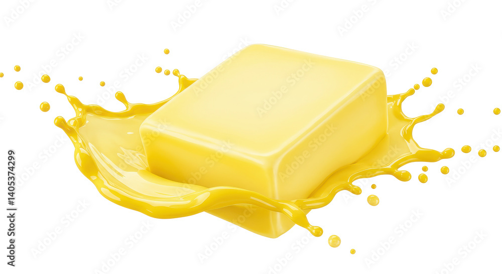 Poster a block of butter with a splash of yellow liquid around it on a black background in a studio shot