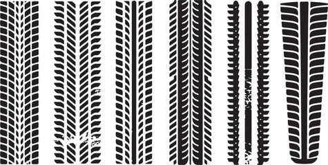 Tire tracks vector set black grunge car tire marks and wheel tread patterns for vehicle print, trail, off-road and automotive design