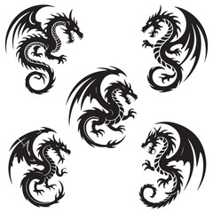 Vector Black silhouettes. illustration, set of round tribal dragon tattoo designs, with white background