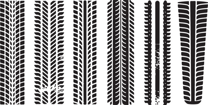 Tire tracks vector set black grunge car tire marks and wheel tread patterns for vehicle print, trail, off-road and automotive design