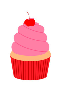 Colorful cartoon cupcake with pink frosting and red cherry on top. Great for party-themed designs, bakery promotions, and sweet treat graphics. Isolated background PNG