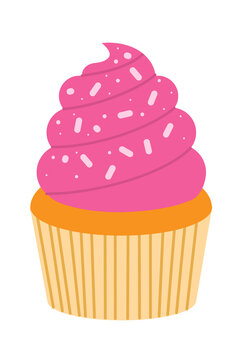 Colorful cupcake with bright pink frosting topped with sprinkles in a classic yellow striped paper liner, perfect for bakery branding, birthday invitations, dessert menus and children's party graphics