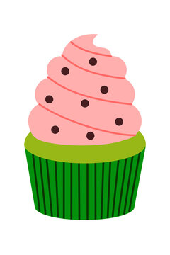 Cute watermelon cupcake illustration with pink frosting, chocolate polka dots, and green striped wrapper. Ideal for bakery branding, dessert menus, party invitations, and food-related digital content