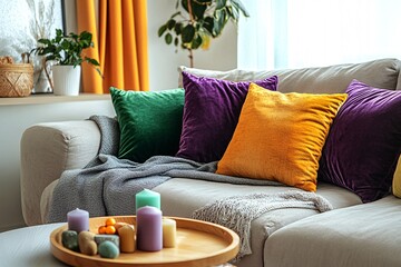 Cozy Living Room with Vibrant Throw Pillows and Candles