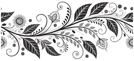Floral Swirl Border Vector. Ornamental Black and White Botanical Design for Decoration & Print