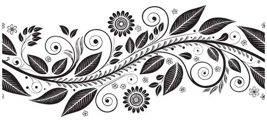 Floral Swirl Border Vector. Ornamental Black and White Botanical Design for Decoration & Print