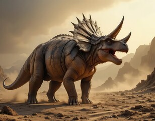 Fototapeta premium Majestic Triceratops: Desert Sunset, Epic Prehistoric Art