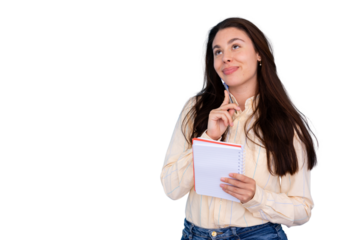 Professional businesswoman brainstorming, gripping notebook and pen against transparent backdrop