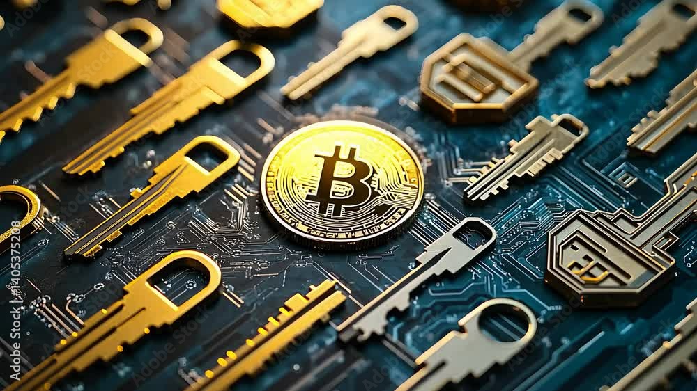 Poster bitcoin coin surrounded by digital security keys and circuit board in cryptocurrency concept