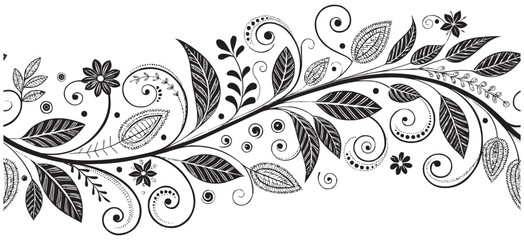Floral Swirl Border Vector. Ornamental Black and White Botanical Design for Decoration & Print