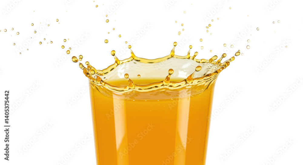 Poster a glass of orange juice with a splash creating a crown shape against a black background image view