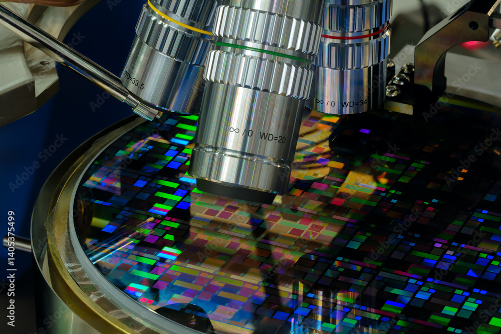 Poster A disk with microchips is under a microscope